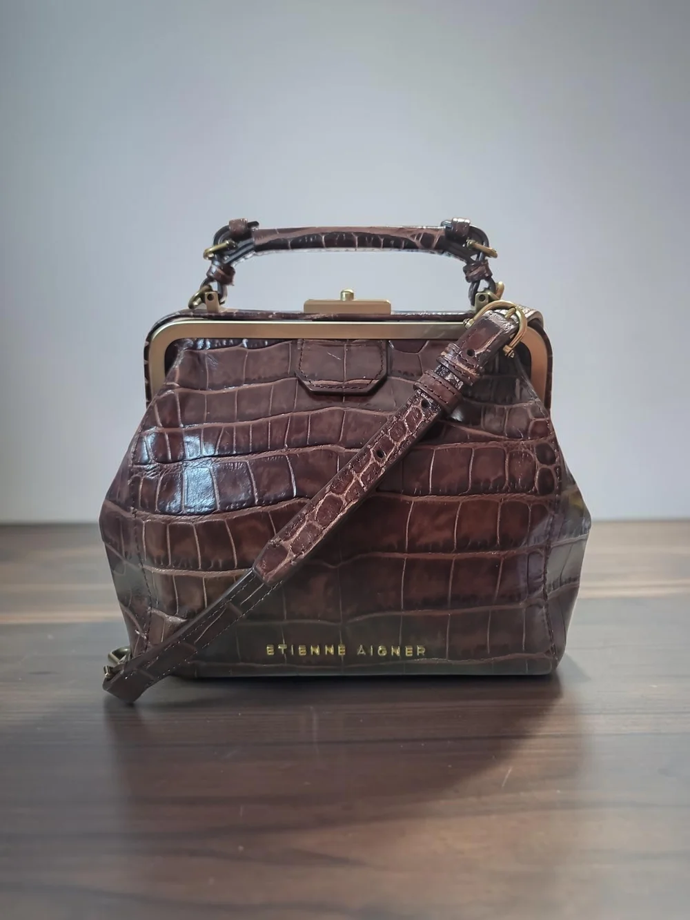 Etienne Aigner Brown Croc-Embossed Small Doctors Bag Top Handle Satchel Vintage